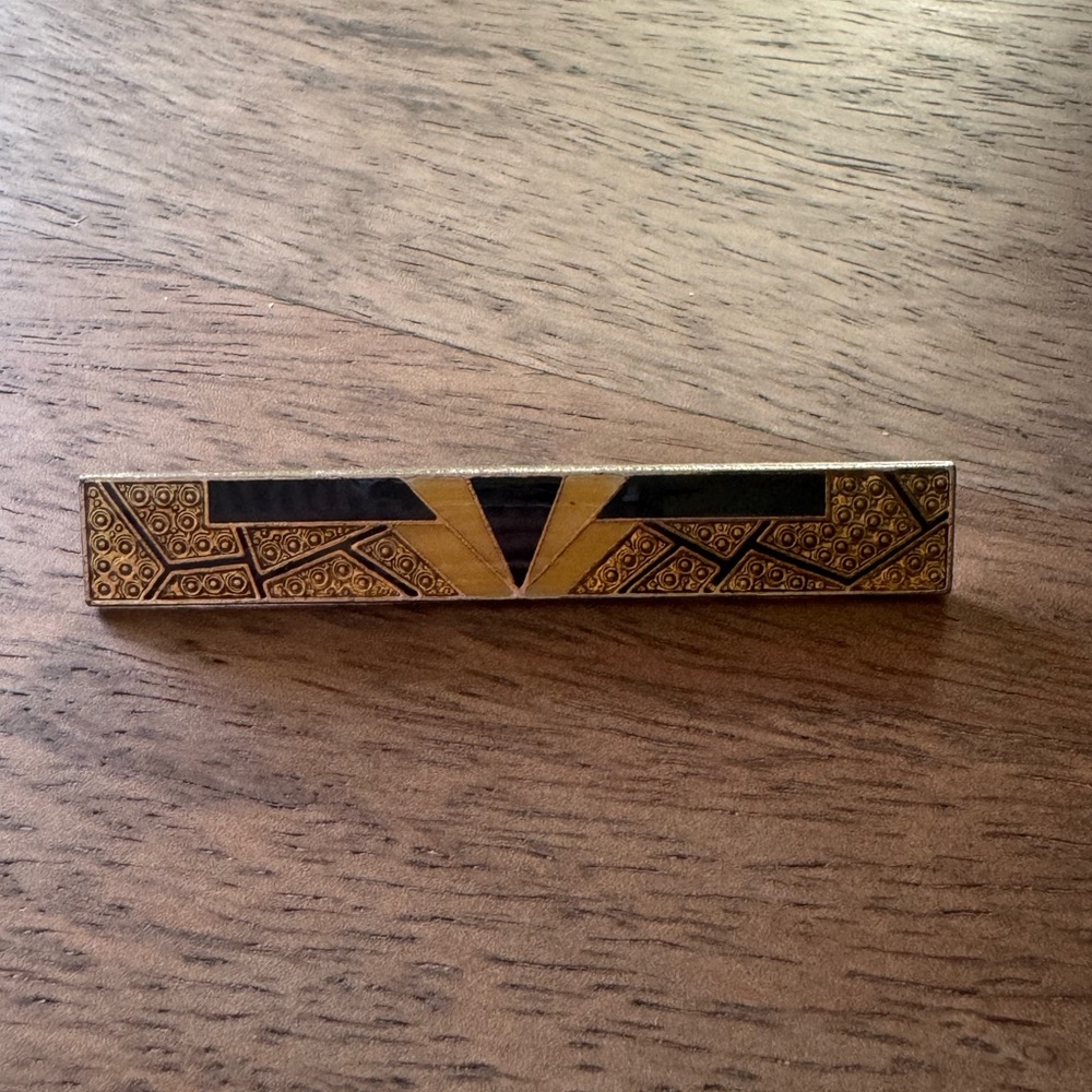 PIERRE BEX Art Deco Revival Bar Style Enamel Pin BROOCH Black Gold Vintage
